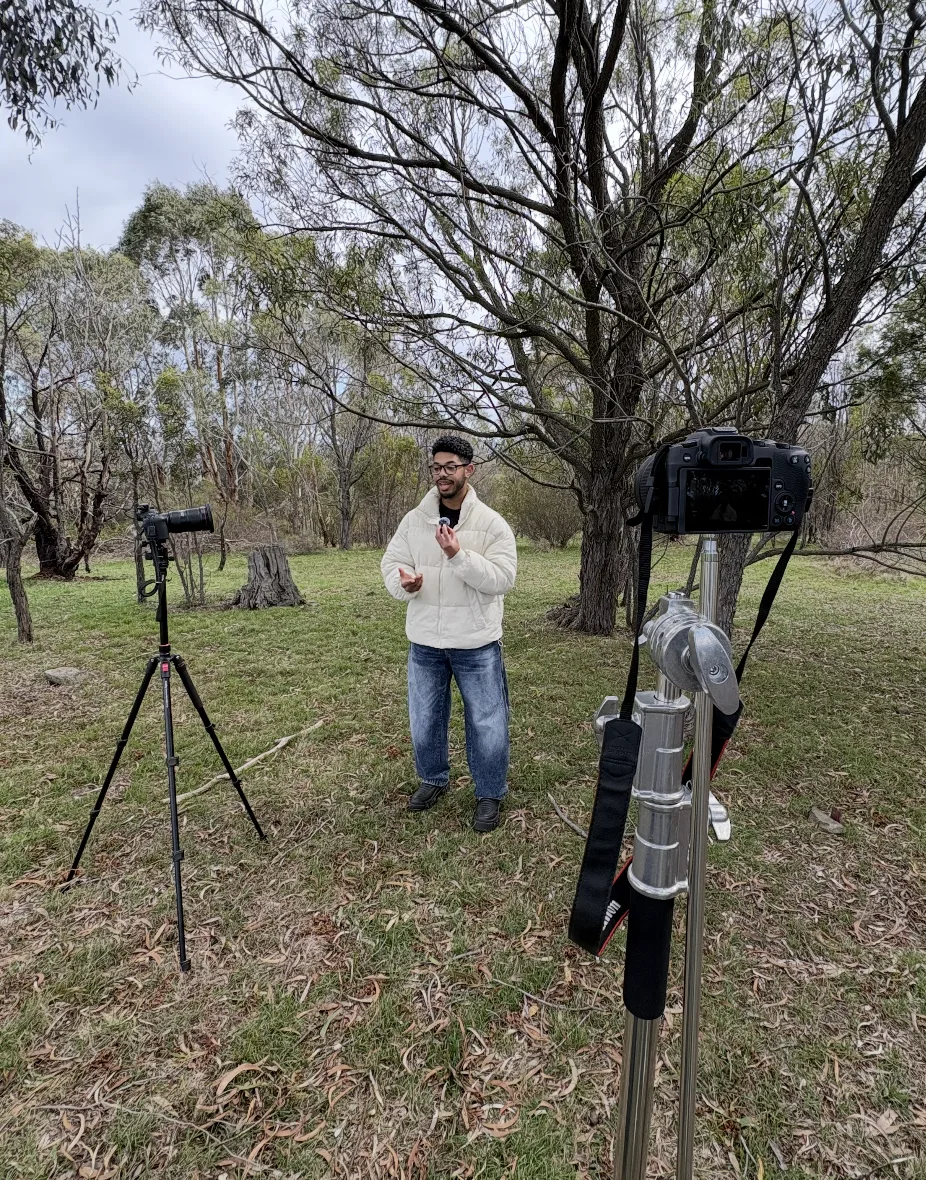 A friend presenting to camera on a shoot