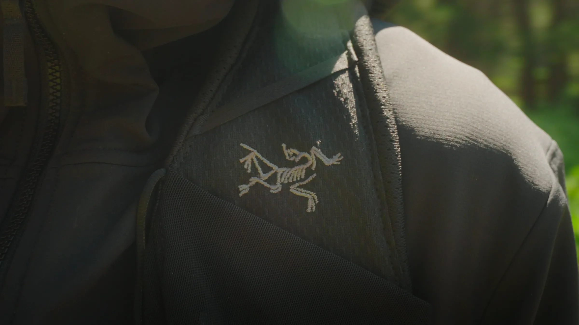 Close-up of the Arc'teryx bird logo embroidered on a cap, forest out of focus behind it