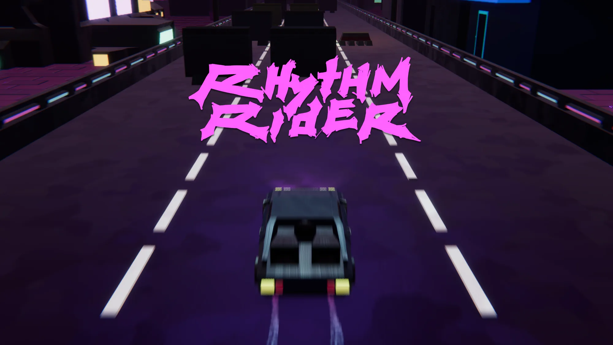 Rhythm Rider key art: a hover vehicle races down a magenta-lit neon city street beneath the game's glowing title