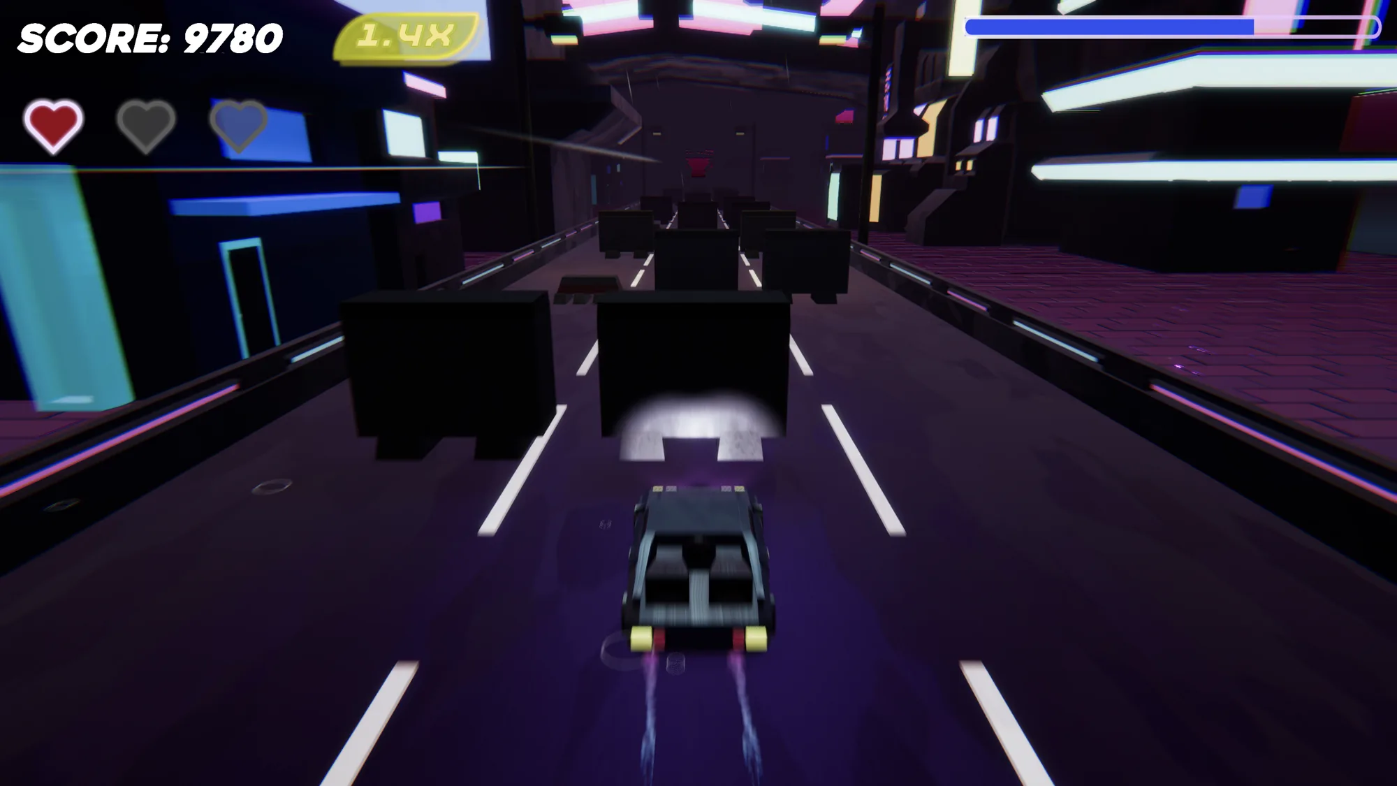 Third-person gameplay view of Rhythm Rider: the hover vehicle dodging a lane of obstacles, with score, multiplier and heart health displayed on screen