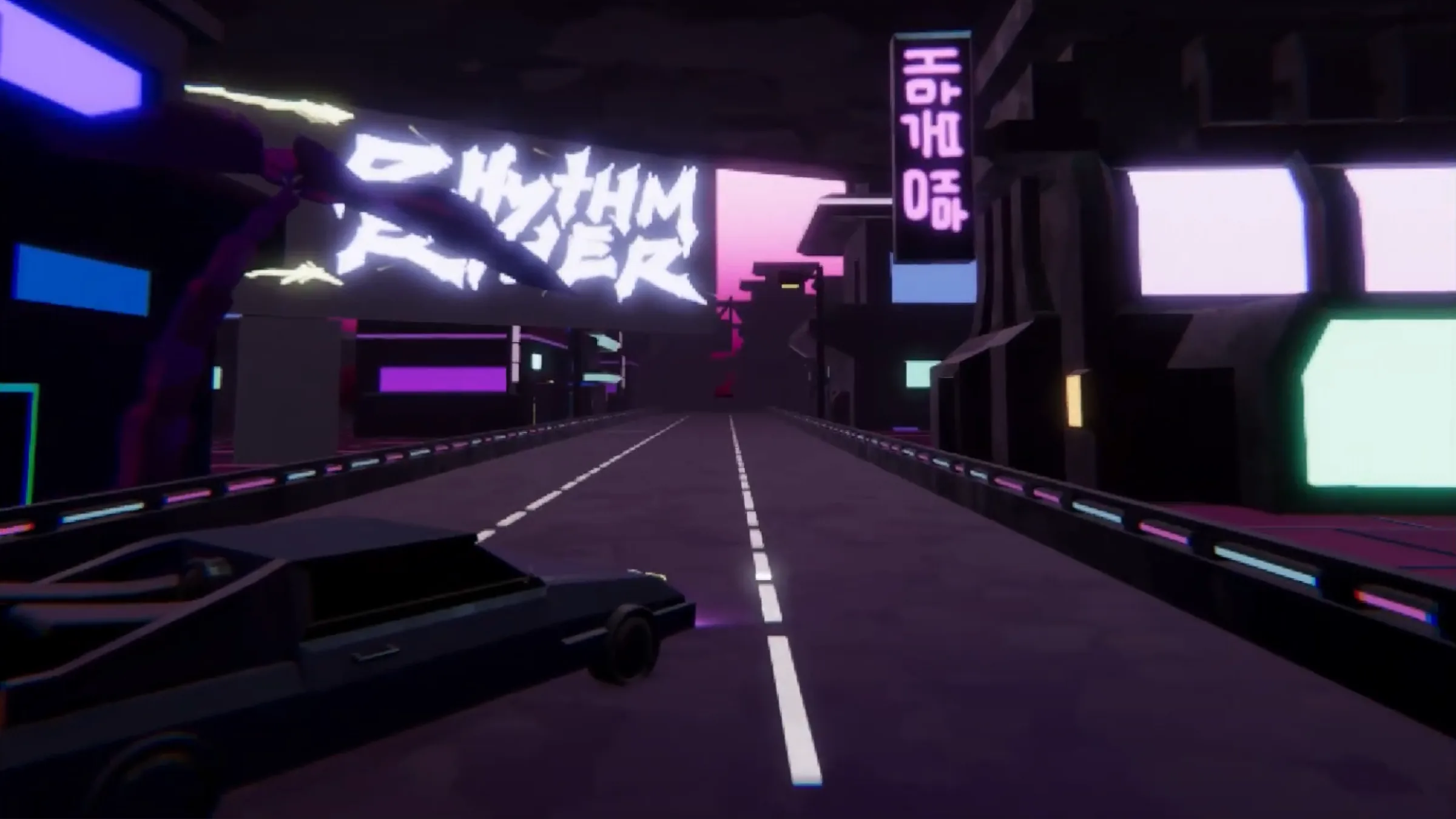 Neon cyberpunk key art for Rhythm Rider: a hover vehicle races down a magenta-lit city street beneath the game's glowing title