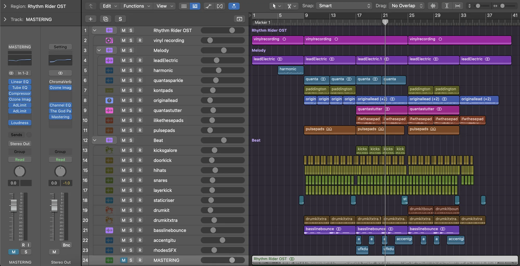 Logic Pro session for the Rhythm Rider soundtrack, showing layered melody, beat and bass tracks arranged around a steady pulse