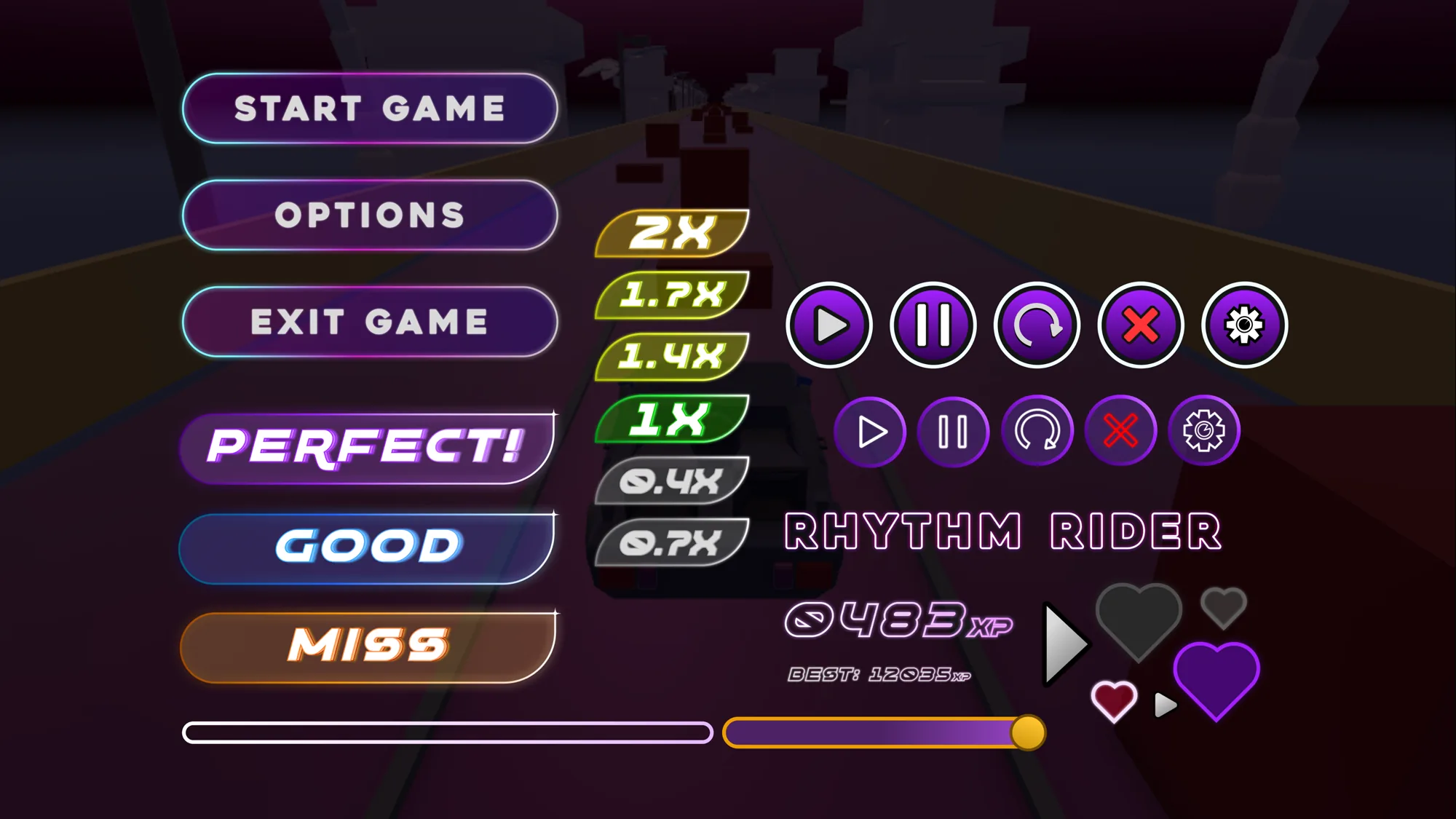 Figma UI board for Rhythm Rider: menu buttons, Perfect/Good/Miss feedback states, score multiplier tags, playback icons and heart health indicators over the in-game title screen